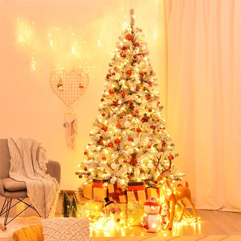 Costway 7.5ft. Pre-Lit Snow-Flocked Artificial Christmas Tree, Warm White LED Lights