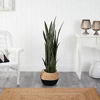 46" Sansevieria Artificial Plant in Boho Chic Handmade Cotton & Jute Woven Planter