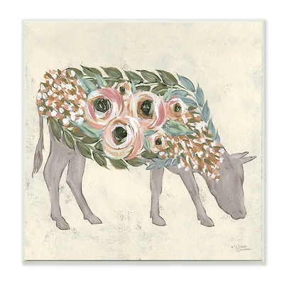 Stupell Industries Rustic Cow Pink Green Floral Body White Framed Wall Art