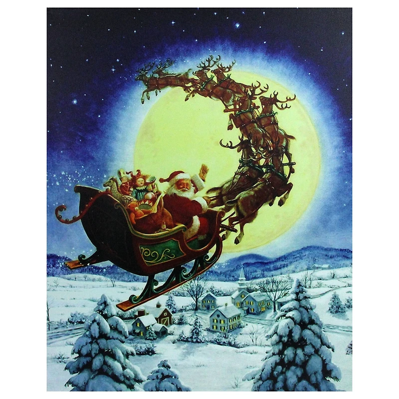 LED Back Lit Flying Santa Claus & Sleigh Christmas Wall Art