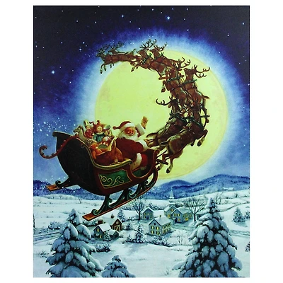 LED Back Lit Flying Santa Claus & Sleigh Christmas Wall Art