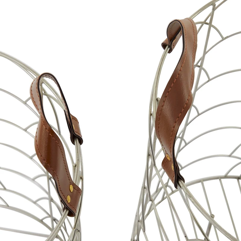 CosmoLiving by Cosmopolitan Silver Metal Storage Basket with Faux Leather Handles Set of 3 16", 14", 12"