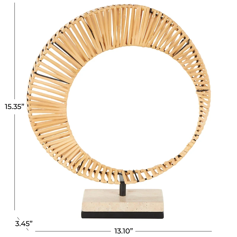 15.5" Brown Rattan Abstract Handmade Mobius Strip Inspired Sculpture with White Marble Base