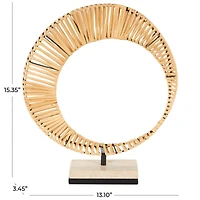 15.5" Brown Rattan Abstract Handmade Mobius Strip Inspired Sculpture with White Marble Base