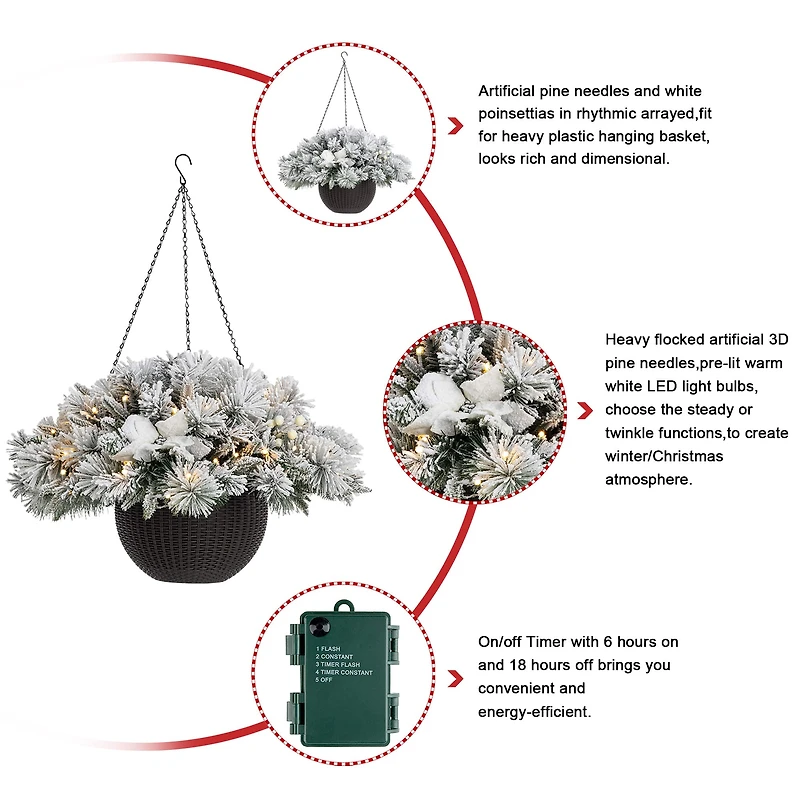 Glitzhome® 24" Pre-Lit Snow Flocked Christmas Artificial Pine Poinsettia Hanging Basket, White Lights