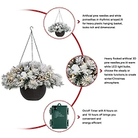 Glitzhome® 24" Pre-Lit Snow Flocked Christmas Artificial Pine Poinsettia Hanging Basket, White Lights