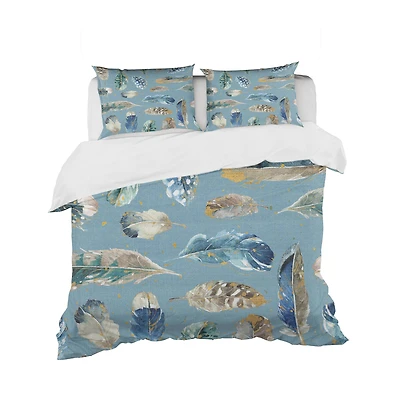 Designart 'Indigold Feathers Turquoise Pattern' Cottage Bedding Set