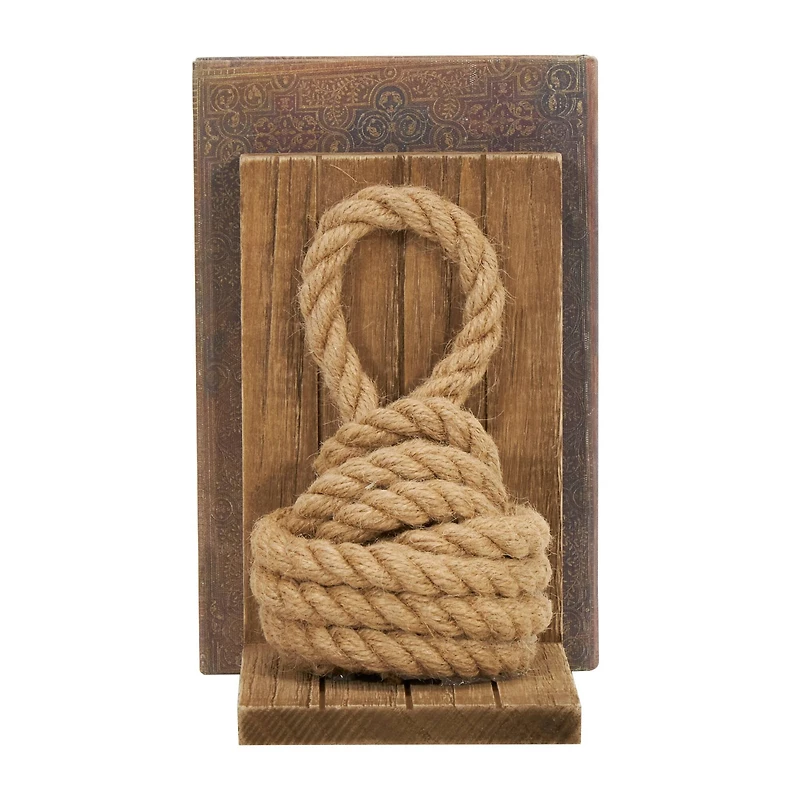 7" Brown Wood Knot Rope Bookends with Distressed L-Shaped Stands Set