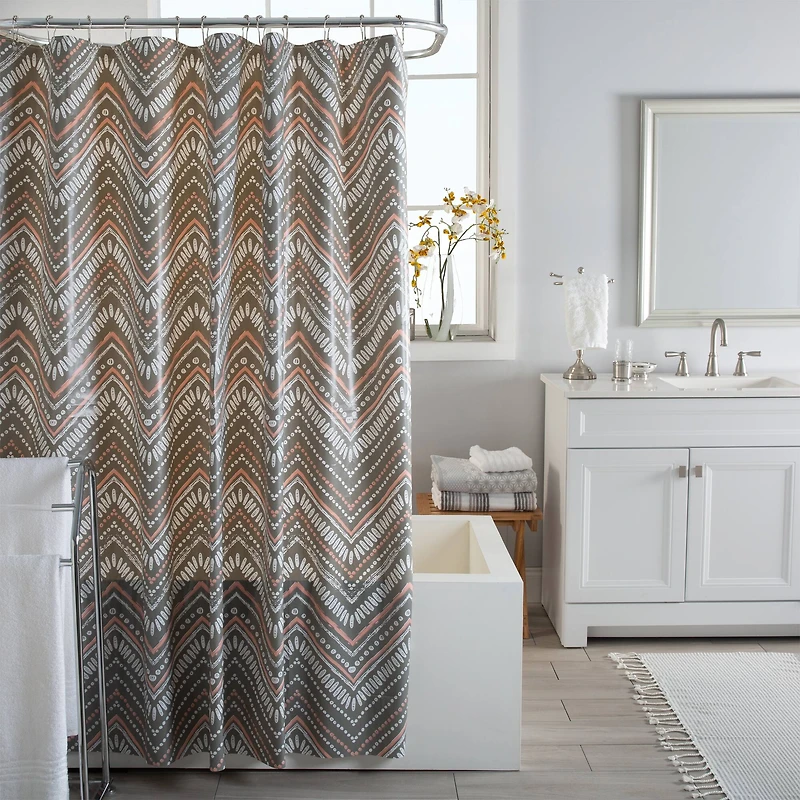 Bath Bliss Gray Dotted Chevron Design PEVA Shower Curtain