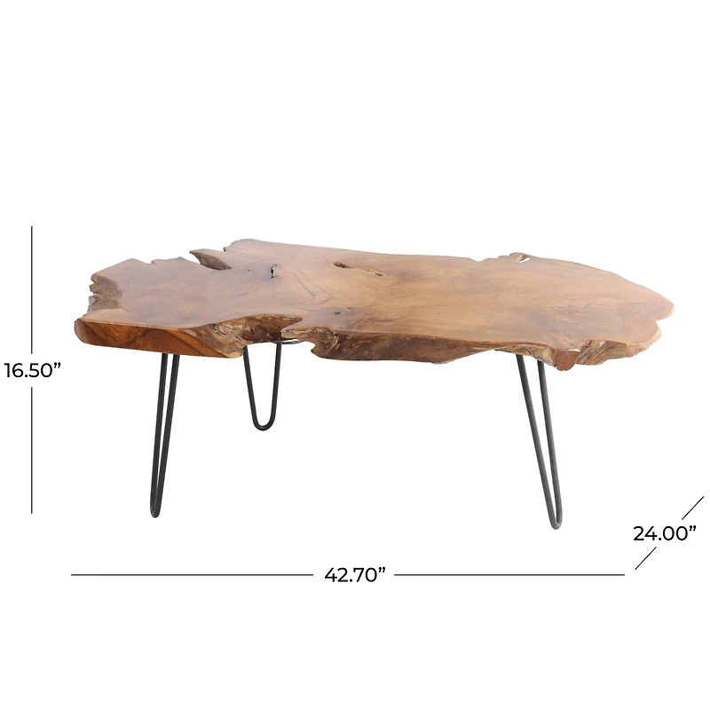 43" Brown Teak Wood Handmade Live Edge Coffee Table with Black Metal Hairpin Legs