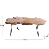 43" Brown Teak Wood Handmade Live Edge Coffee Table with Black Metal Hairpin Legs