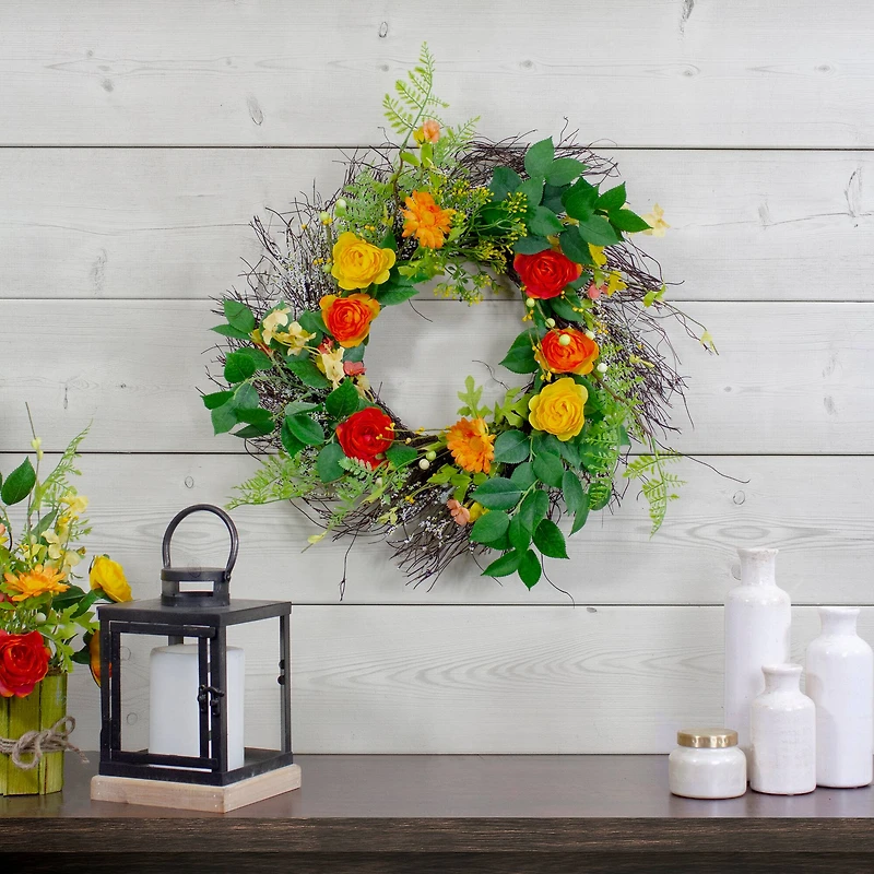 20" Orange & Yellow Ranunculus & Rose Floral Spring Wreath