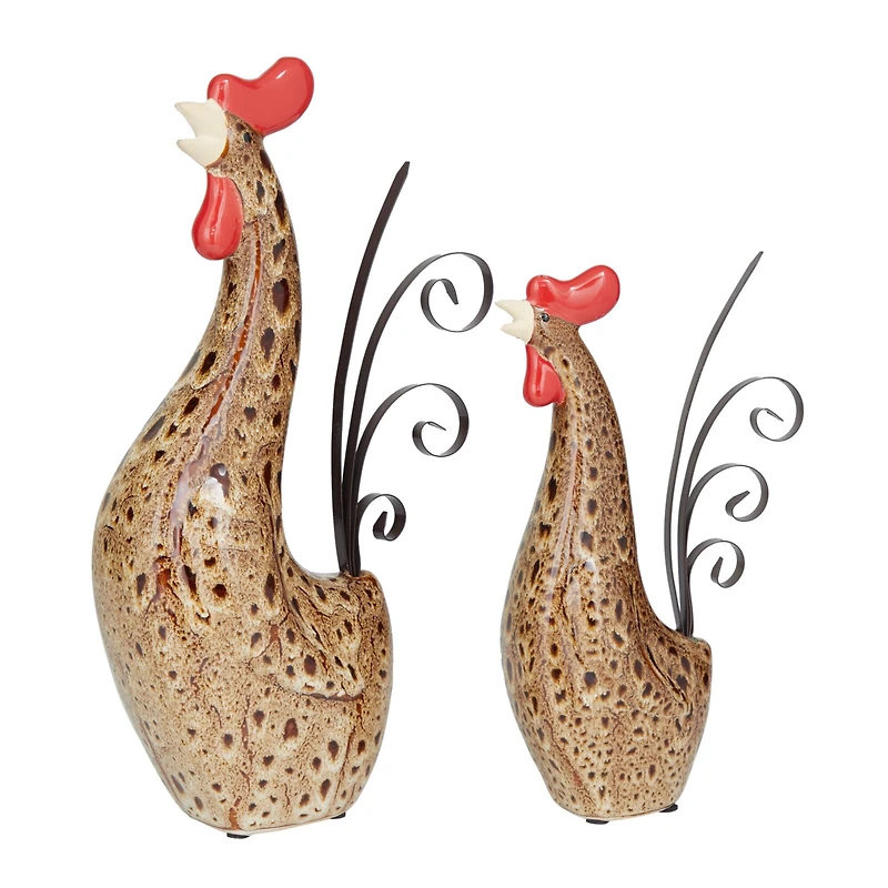 Cream Ceramic Farmhouse Rooster Garden Sculpture Set