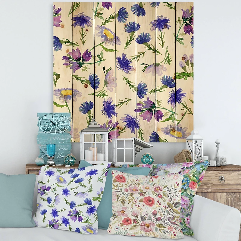 Designart - Blue Wildflowers With Green Leaves I