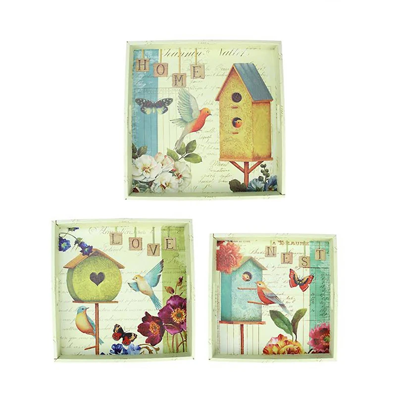 White & Mustard Yellow Birdhouse Garden Theme Square Serving Tray Set