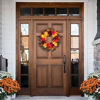 24" Autumn Harvest Peony, Mum & Feather Thanksgiving Wreath, Unlit