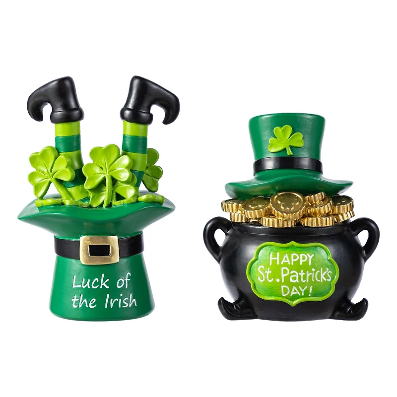 Glitzhome® Set of 2 St. Patrick's Resin Pot of Gold & Leprechaun Hat Table Decor