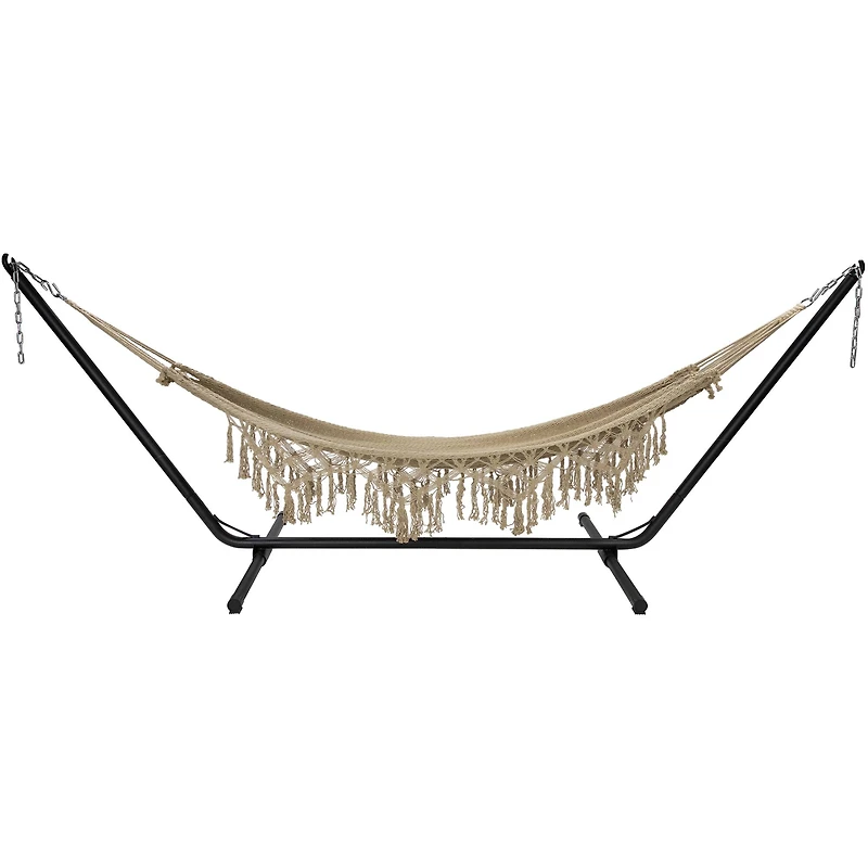 78" x 31" Natural Brown Macramé Hammock with Patterned Tassels