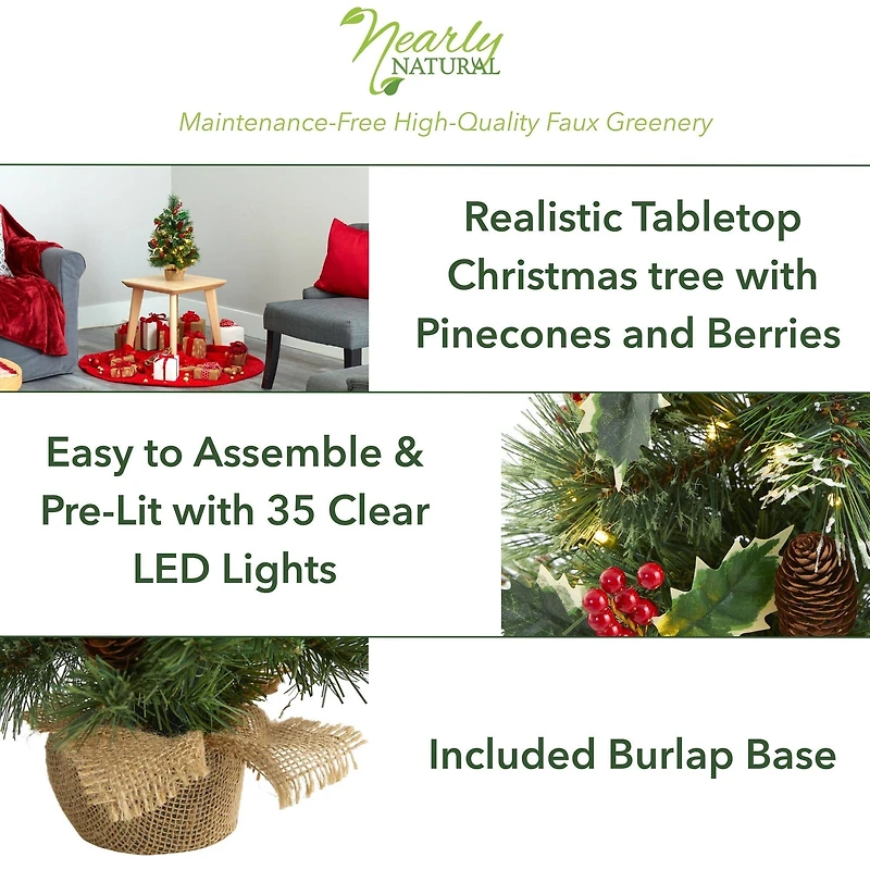 18" Pre-Lit Mixed Pine Artificial Christmas Tree with Holly Berries & Pinecones, Clear LED Lights