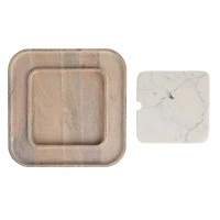 Hello Honey® 13.5" White Marble & Wood Cutting Board on a Dish