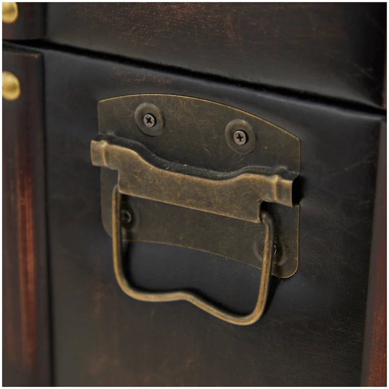 Dark Brown Faux Leather Studded Trunk with Latches & Handles Set
