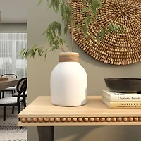 11" White Ceramic Vase with Wrapped Rattan Detailing