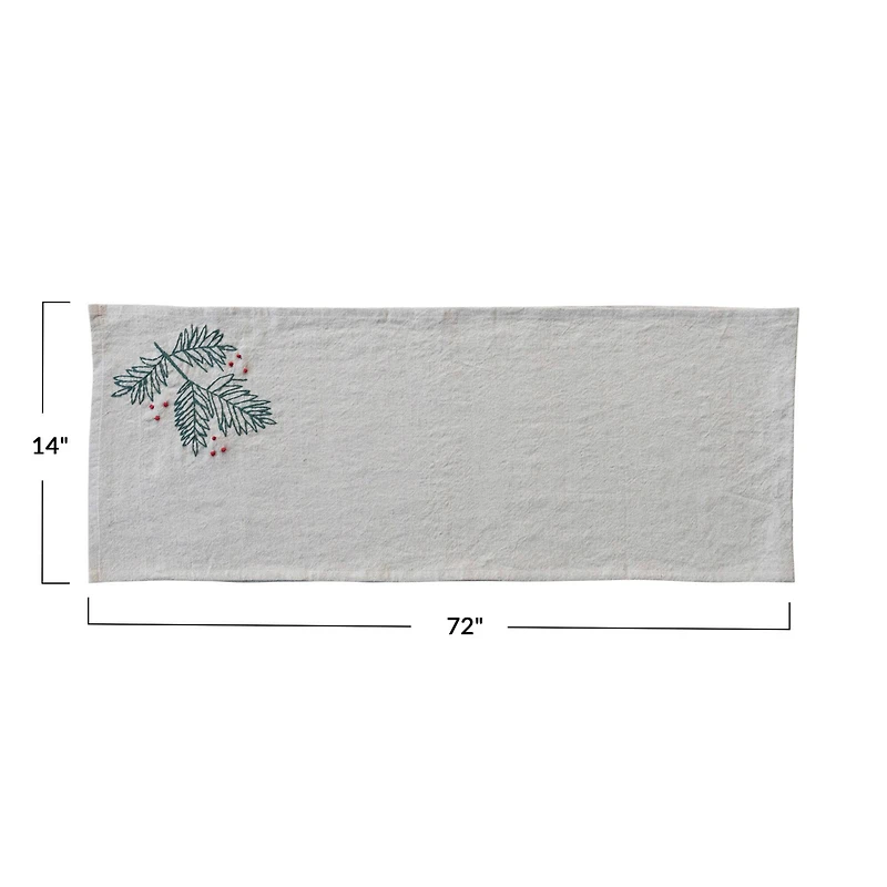 Hello Honey® 72" Natural, Green & Red Woven Cotton & Linen Table Runner with Hand-Embroidered Holly & French Knots
