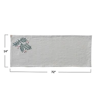 Hello Honey® 72" Natural, Green & Red Woven Cotton & Linen Table Runner with Hand-Embroidered Holly & French Knots