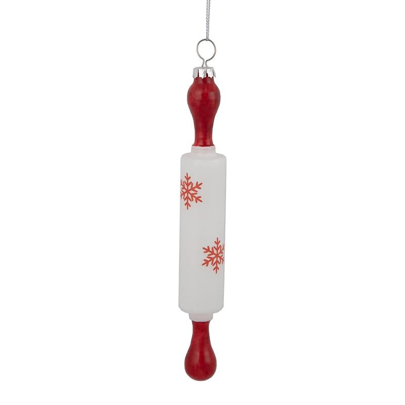 7" Red Snowflakes Rolling Pin Glass Christmas Ornament