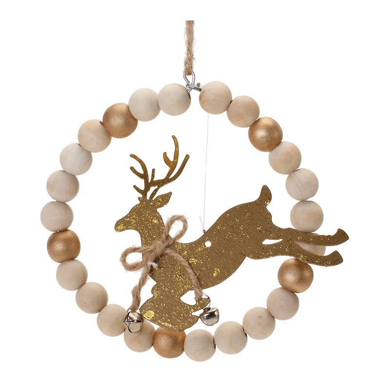 5.5" Beaded Wood Tree & Deer Ornaments Set