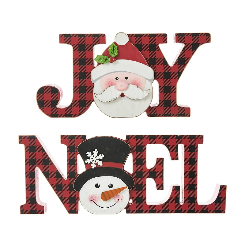 Glitzhome® 2-Piece JOY and NOEL Wooden Christmas Plaid Table Décor