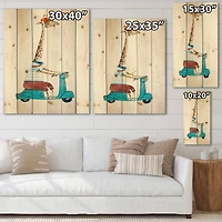 Designart - Giraffe Dressed Up Wearing Helmet & Riding Scooter - Children's Art Print on Natural Pine Wood