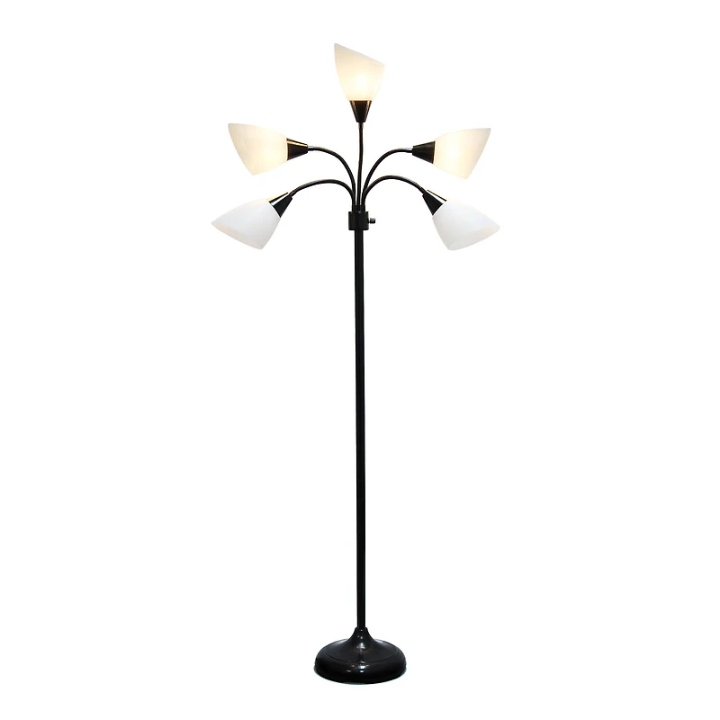 Simple Designs™ 5.5ft. 5-Light Gooseneck Black Floor Lamp with White Shades
