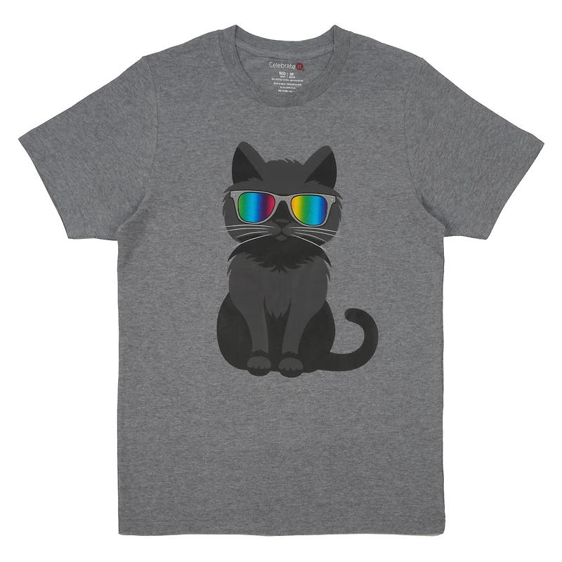 Pride Dark Gray Rainbow Shades Cat Adult Crew Neck T-Shirt by Celebrate It