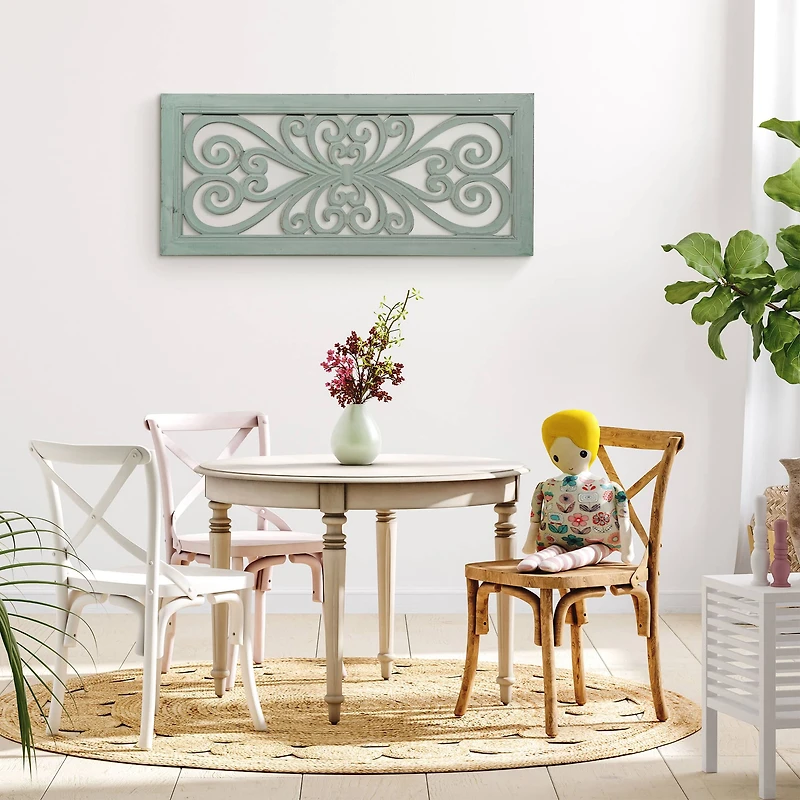 American Art Décor™ 36" Distressed Hand-Carved Seafoam Green Wood Wall Medallion Panel