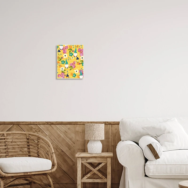 Stupell Industries Yellow Tartan Patterned Spring Gnomes Mushrooms Wall Plaque Art