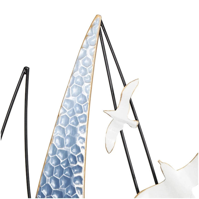 Blue Metal Sailboat Wall Decor with Black Wire Frame and White Bird Accents