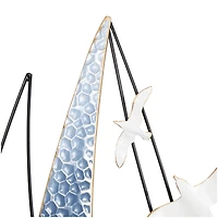 Blue Metal Sailboat Wall Decor with Black Wire Frame and White Bird Accents