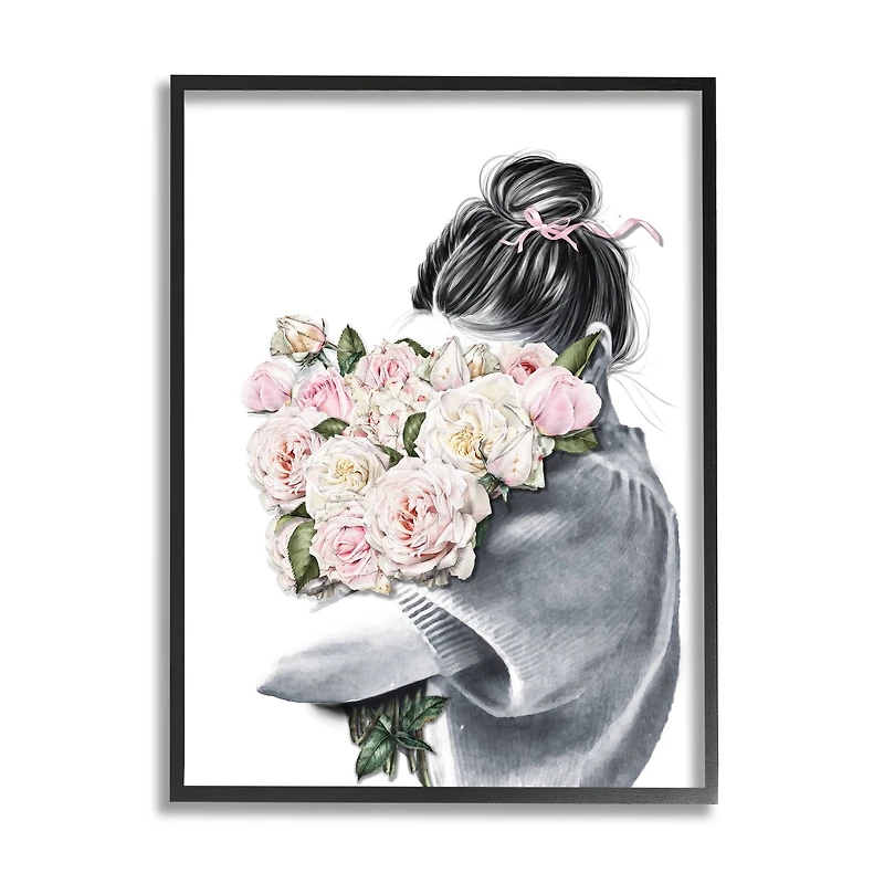 Stupell Industries Woman Smelling Bouquet Pink Pop Rose Florals in Frame Wall Art