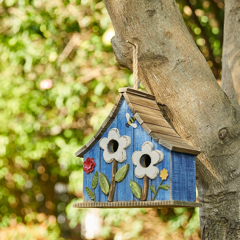 Glitzhome® 10.5" Distressed Wood Birdhouse with Flowers
