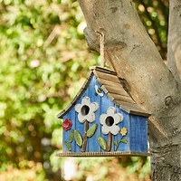 Glitzhome® 10.5" Distressed Wood Birdhouse with Flowers