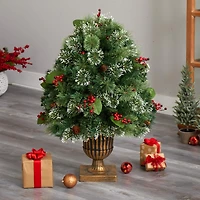 3ft. Pre-Lit Snow Tip Berries & Pinecones Artificial Christmas Plant in Urn, LED Lights