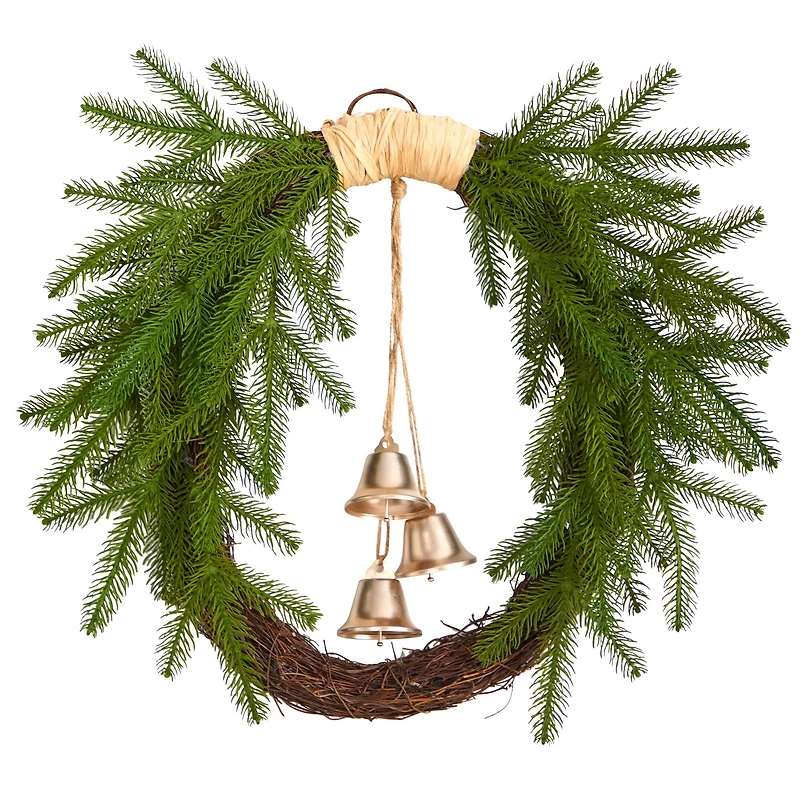 24" Holiday Christmas Pine And Hanging Bells Wreath