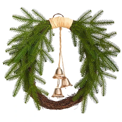 24" Holiday Christmas Pine And Hanging Bells Wreath