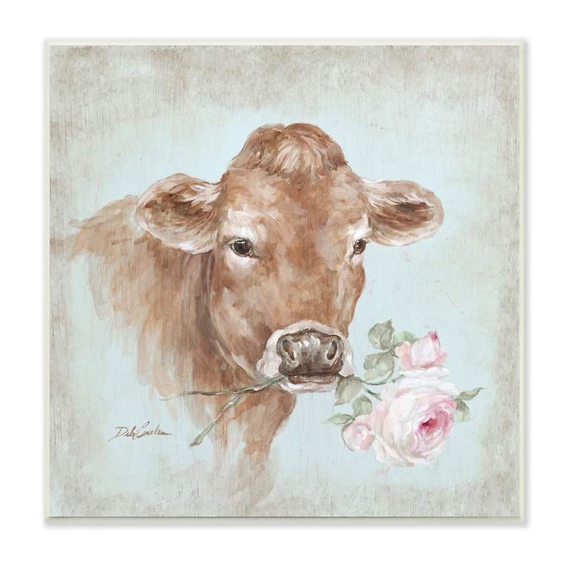 Stupell Industries Traditional Farm Cow Pink Rose Rustic Farmhouse,12" x 12"