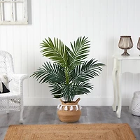 4ft. Kentia Palm Artificial Tree in Boho Chic Handmade Natural Cotton Woven Planter with Tassels