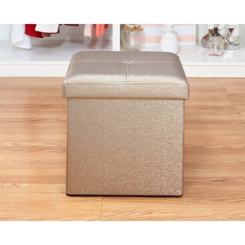 Simplify Metallic Faux Leather Folding Storage Ottoman Cube