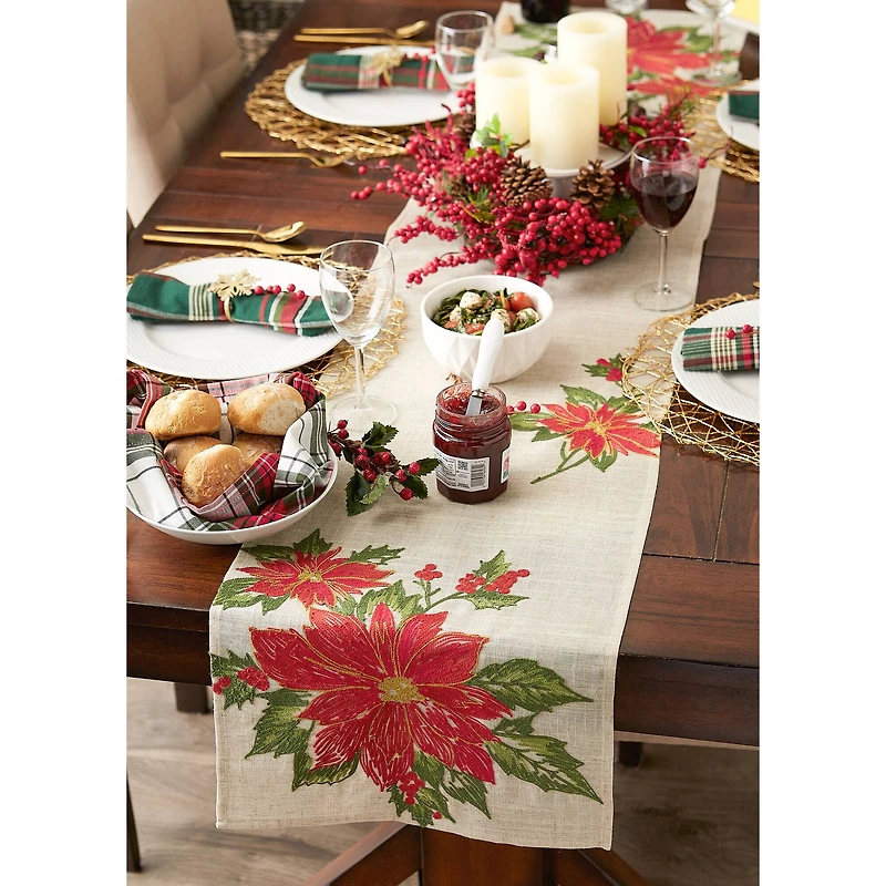 DII® 70" Cream Poinsettia Holly Embroidered Table Runner