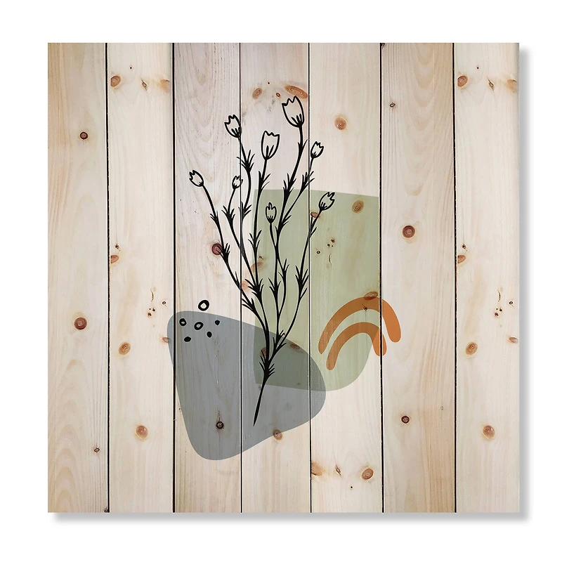 Designart - Abstract Flowers On Minimal Shapes II - Modern Print on Natural Pine Wood