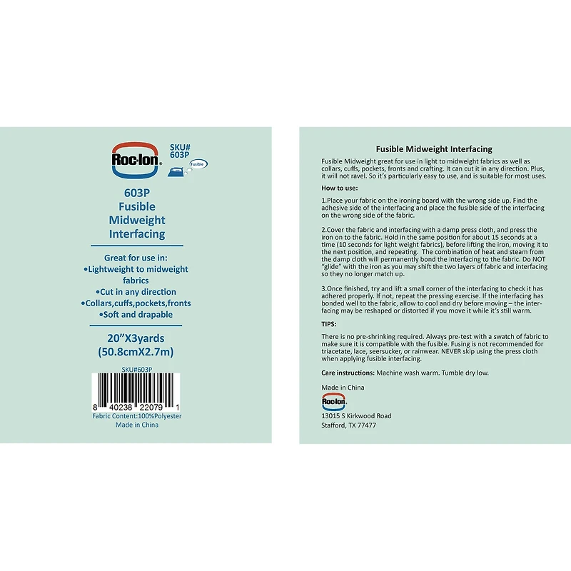Roc-Lon 20" x 3yd. Fusible Midweight Polyester Interfacing